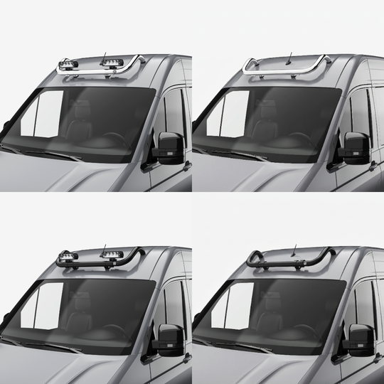 Support rampe de toit VW Crafter 2017+ – Modèle court (2 supports) – Noir ou Inox – Pack LED optionnel