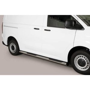 Pedane latérales GPO pour Volkswagen T7 Transporter L1 2025 noir en inox durable, certifiées TÜV, conçues pour usage utilitaire intensif 2025, 2026.