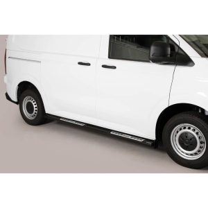 Pedane latérales pour Volkswagen T7 Transporter L1 2025 en inox noir, certifiées TÜV et conçues pour usage utilitaire intensif 2025, 2026.