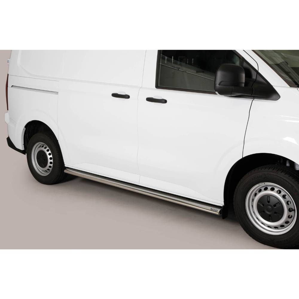 Protections latérales pour Volkswagen T7 Transporter L1 2025 en inox 100 %, certifiées TÜV, conçues pour usage utilitaire intensif 2025, 2026.