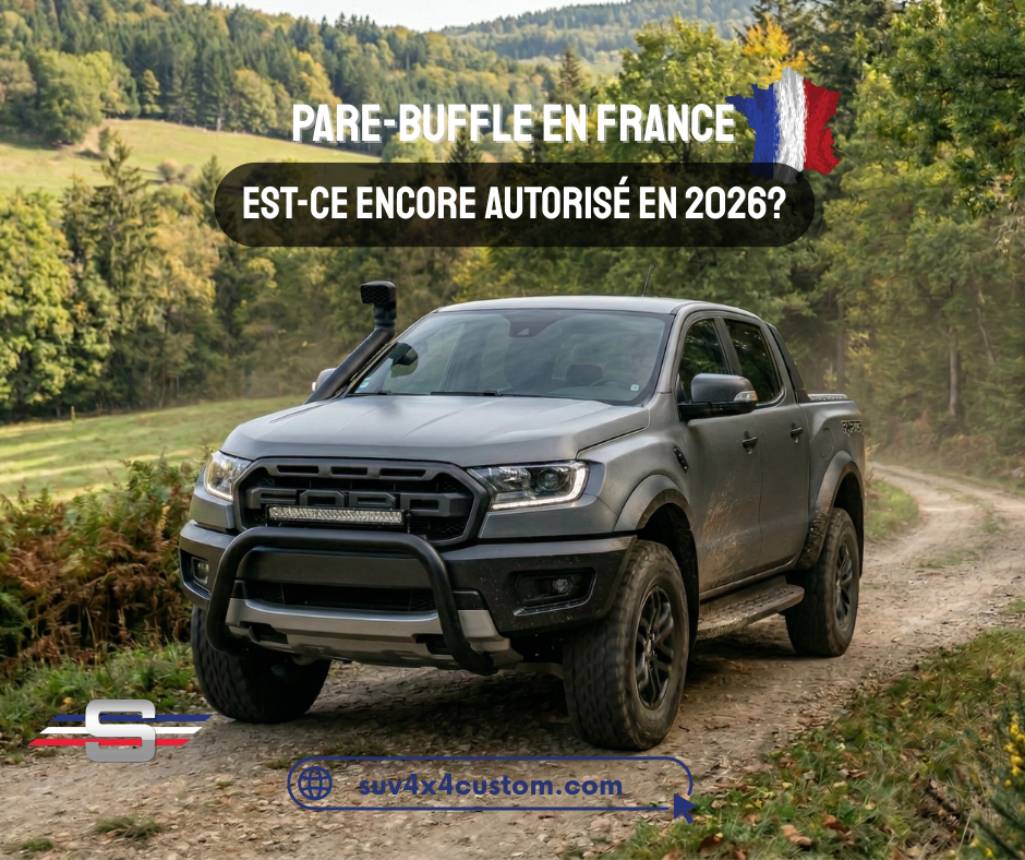 SUV équipé d'un pare-buffle en France homologué CE sur un chemin naturel.