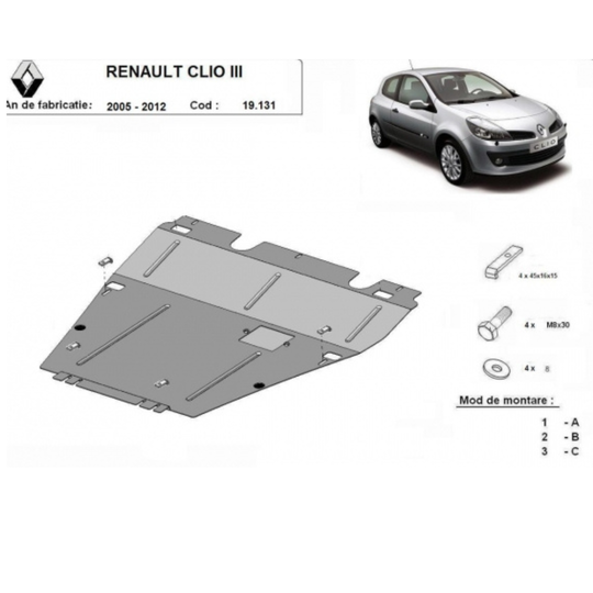 Plaque protection moteur Renault Clio 3 2005-2012 Acier 2mm avec vidange – Image 2