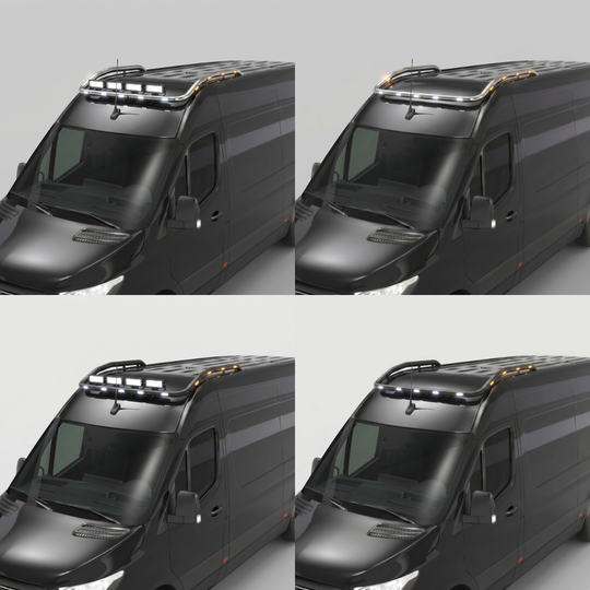 Rampe de toit avec LEDs 4 supports – Mercedes Sprinter 2018+ – 5 blanches + 8 ambrées – Acier AISI304 – Noir ou Chromé